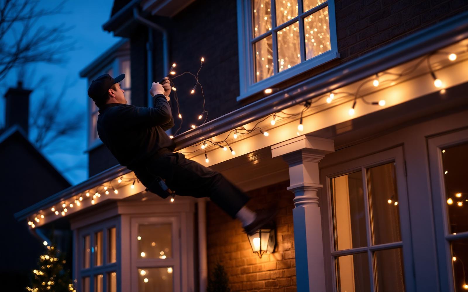 Warm white Christmas lights installed on a Kent home