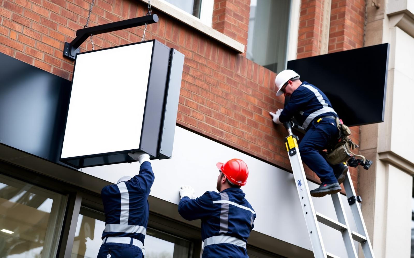 Professional installers fitting commercial signage